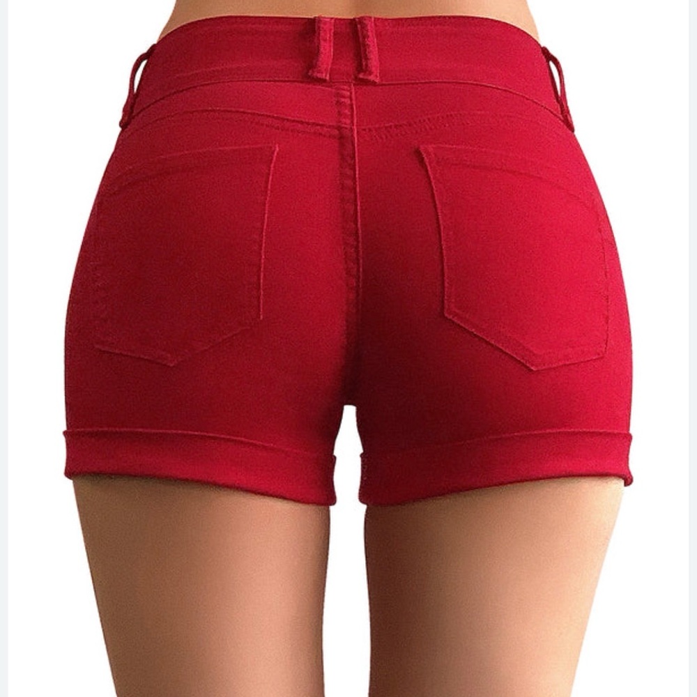 INDERO COLLECTION High-Rise Red Denim Shorts with Cuffed Hem